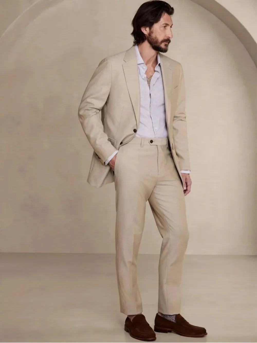 Banana Republic Reda Flexo Italian Hopsack Suit Jacket 40S Slim Fit Tan Wool